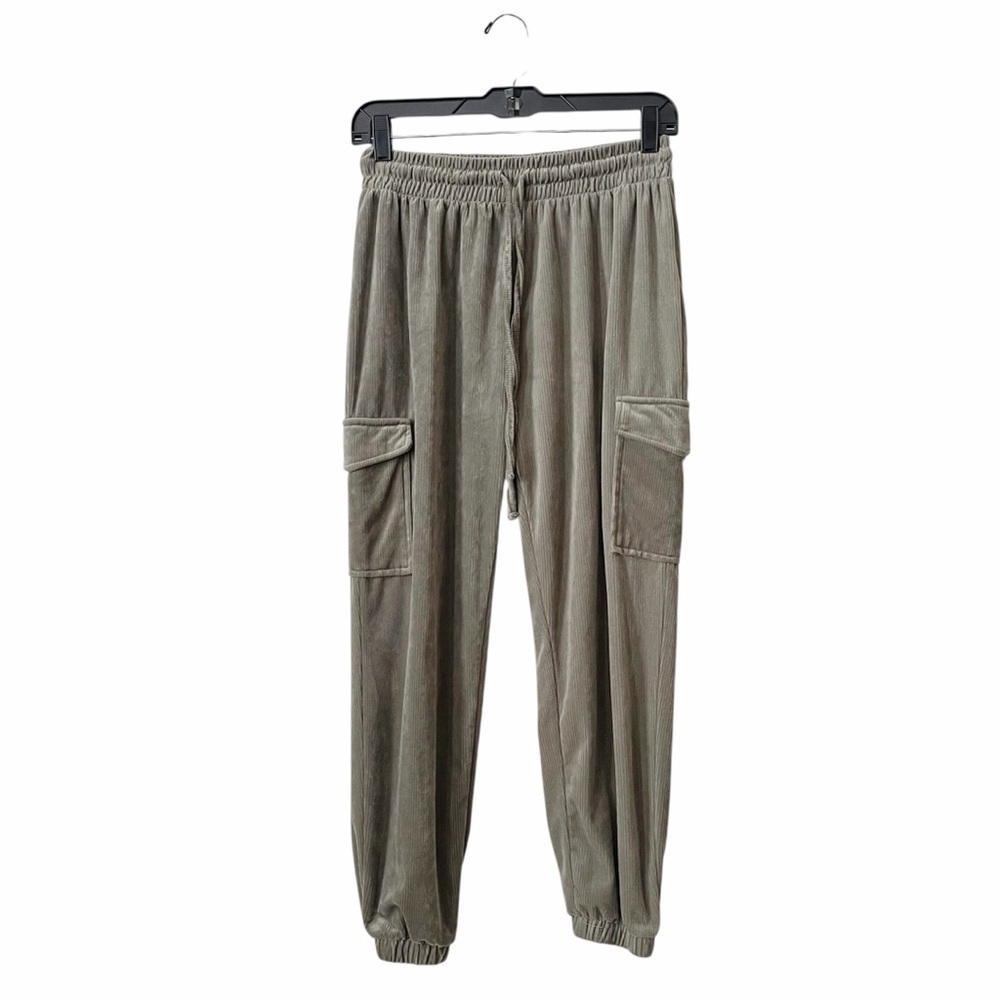No Comment Olive Corduroy Jogger Cargo Pants Womens Size M Pull On Elastic Waist